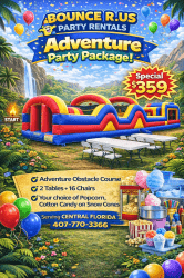 Adventure Obstacle Party Package (Obstacle Course 35FT - 2 Tables - 16 Chairs - 1 Concession Popcorn - Cotton Candy - Snowcones )