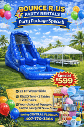 Ultimate Party Package (Waterslide 22FT - 10x20 Tent - 3 Tables - 20 Chairs - 1 Concession Popcorn Cotton Candy Snowcones